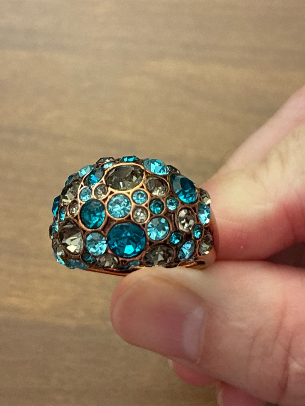 Vintage Fossil Copper Ring-Turquoise/ Blue Rhinestone Statement Ring- Size 8.25